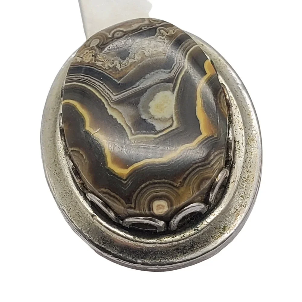 Brown Lace Agate Tie Clip Stone Bar Oval Genuine Stone Silver Tone Vintage Mens‎
